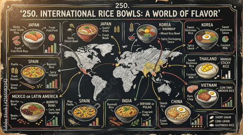 Global Rice Bowls Infographic Illustration Featuring International Cuisine Varieties from Japan Korea India Spain and Mexico on Chalkboard Background