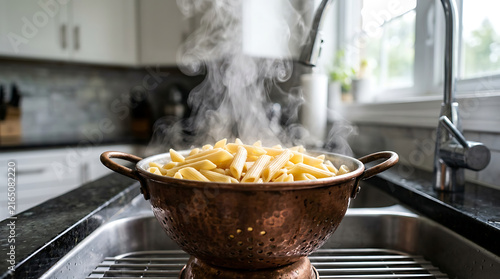 Cooked Penne Pasta in Colander for Food Preparation and Cooking