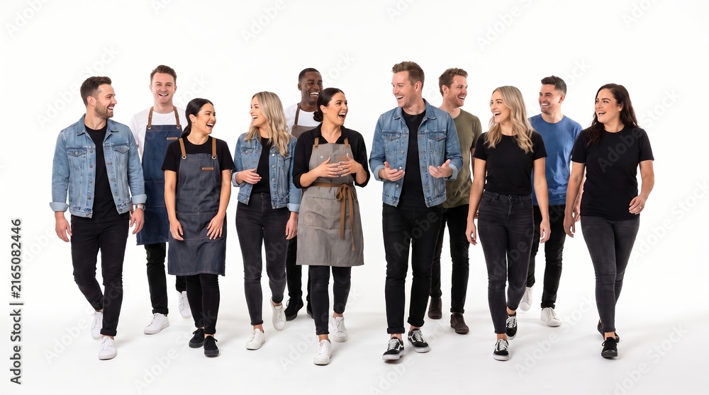 Obraz premium Group of diverse hospitality workers and restaurant staff laughing together on white background