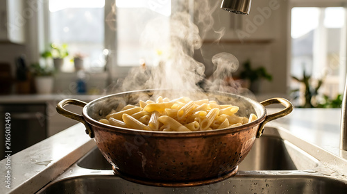 Cooking Penne Pasta in Copper Colander in Modern Kitchen