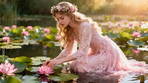 Young Woman in Pink Lace Dress With Flower Crown Touching Water Lilies in Sunlit Pond


