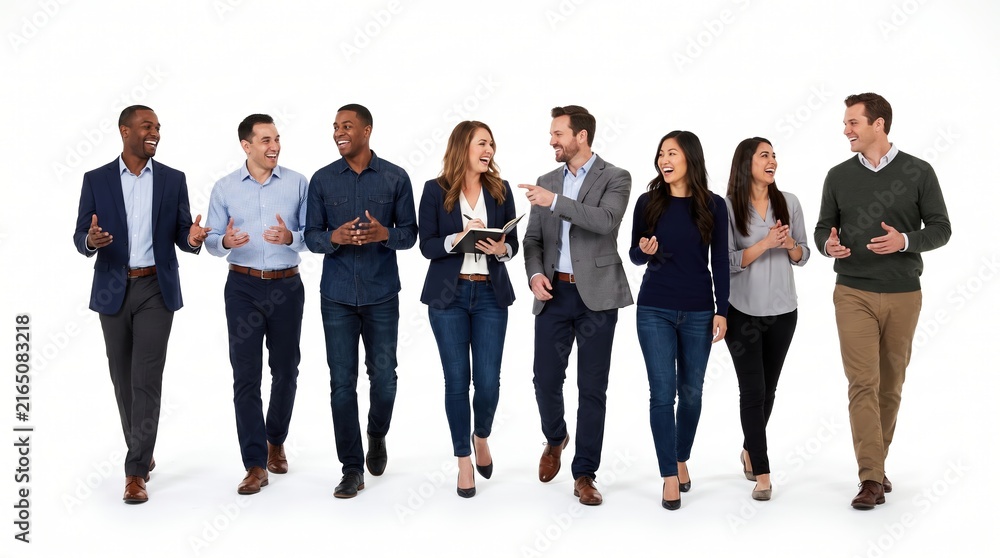 Obraz premium Diverse group of professional business people walking and talking together on white background