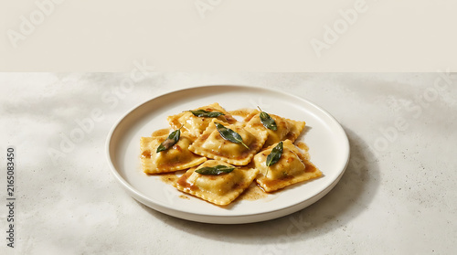 Gourmet Italian Ravioli Pasta with Brown Butter and Crispy Fried Sage Sauce on Ceramic Plate