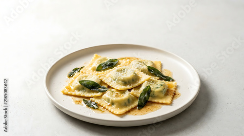 Fresh Ravioli with Butter and Sage on White Plate