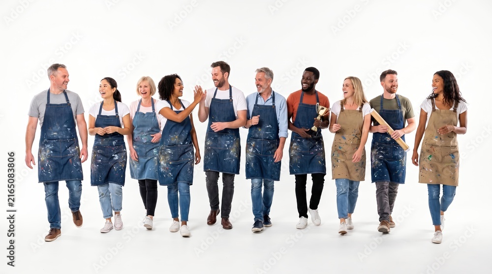Obraz premium Diverse group of happy people in aprons walking together on white background