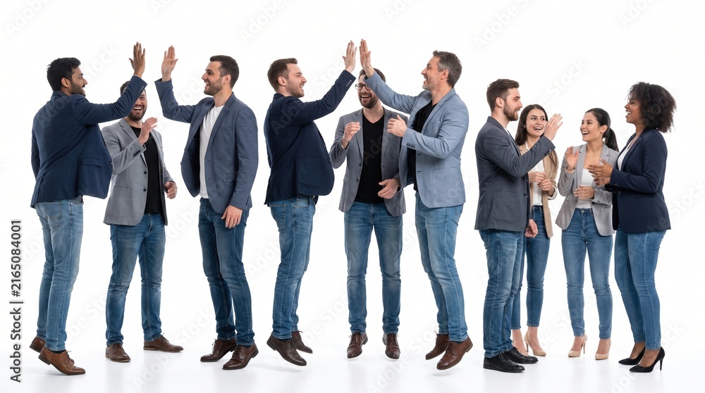Obraz premium Diverse business team celebrating with high fives and success on white background