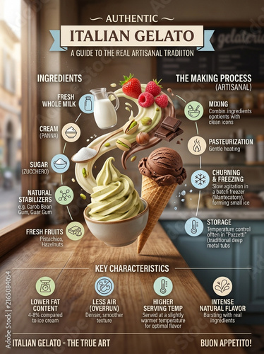 Authentic Italian Gelato Infographic with Ingredients Production Process and Key Characteristics