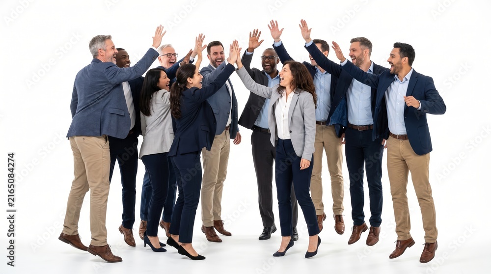 Obraz premium Diverse business team high fiving together, professional group celebrating corporate success