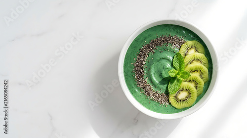 Healthy green smoothie bowl with kiwi and chia seeds for breakfast