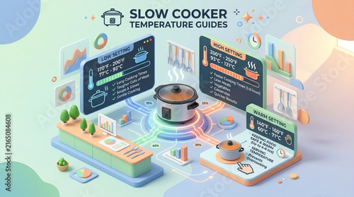 3D Isometric Slow Cooker Temperature Guide Infographic with Cooking Settings and Charts