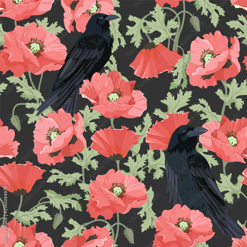 Naklejka premium Delicate poppies and crows combine to create a stunning vector illustration that would be perfect for decorating textiles or packaging.