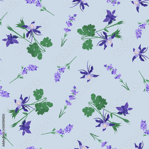 Seamless vector illustration of lavender and aquilegia, ideal for decorating textiles and packaging.