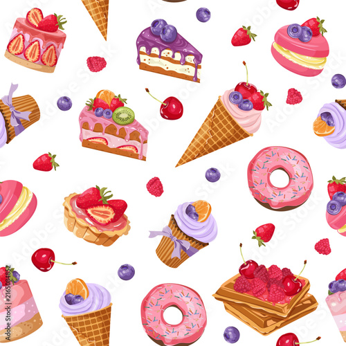Sweet pastries and ice cream, with berries and fruits, on a white backdrop. Seamless vector illustration, perfect for decorating textiles and packaging.
