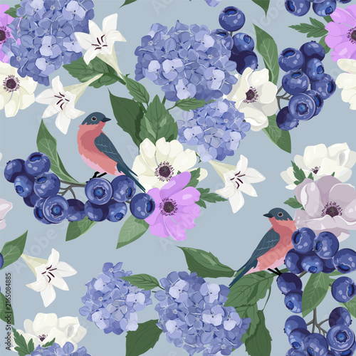Delicate hydrangeas, lilies, blueberries, and birds combine to create a stunning vector illustration that would be perfect for decorating textiles or packaging.