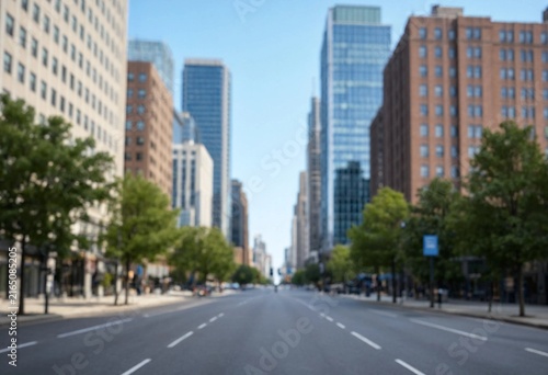 Blurred urban cityscape with an empty wide street, tall modern and brick buildings, trees, blue sky, and serene atmosphere creating a peaceful metropolitan background.