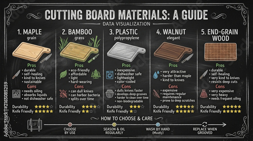 Cutting Board Materials Comparison Guide Infographic on Chalkboard Background