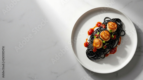 Elegant squid ink spaghetti with scallops on white plate