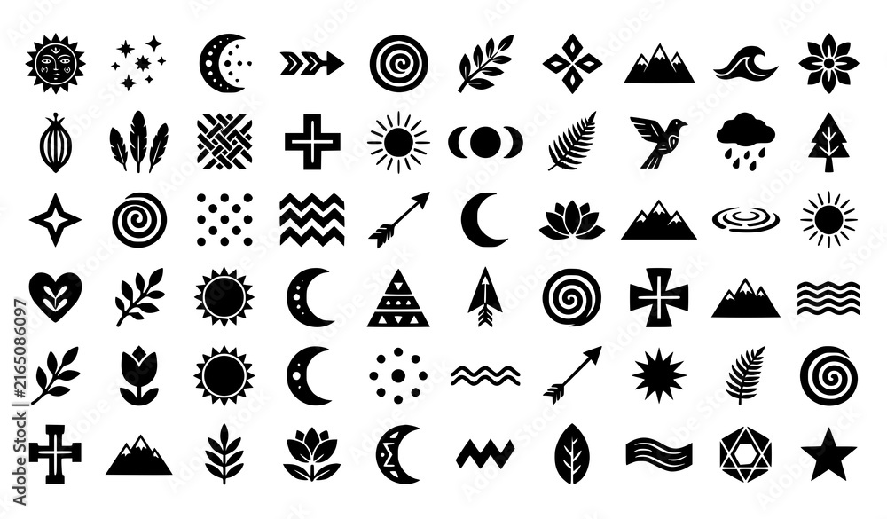 Fototapeta premium Primitive Folk Cutout Geometric Icon Collection in Black and White Vector Style