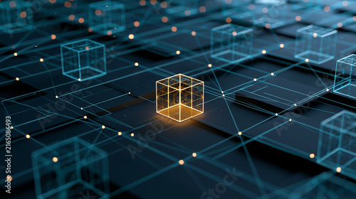 Cyber Network Concept with Blue Transparent Cubes and Golden Light