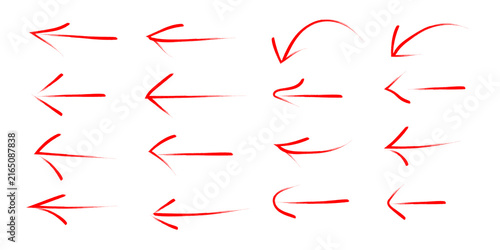 A collection of sixteen hand drawn red arrows pointing left arranged in a four by four grid