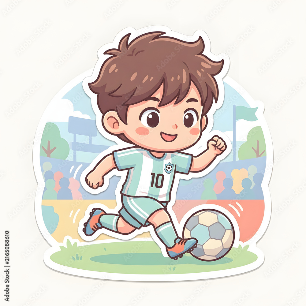 Naklejka premium Cute anime boy playing soccer sticker, young athlete running with football in a stadium, cartoon child soccer player character illustration