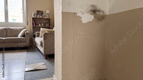 Konstfotografi Distressed interior wall with peeling paint, visible cracks, and water damage leading to mold growth