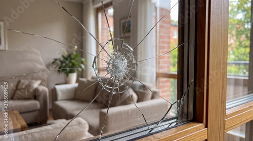 Canvastavla Modern wooden window frame with a prominent starburst impact crack in the glass pane, with blurred living room interior