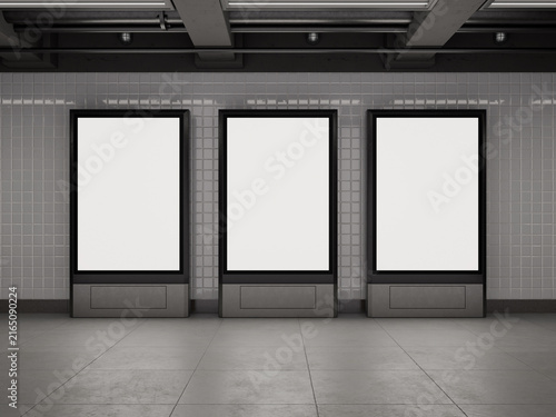 Canvas Print Three blank posters in modern subway station mockup for advertising