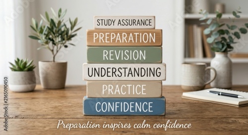 Stacked Wooden Blocks With Study Assurance, Preparation, Revision, Understanding, Practice, and Confidence