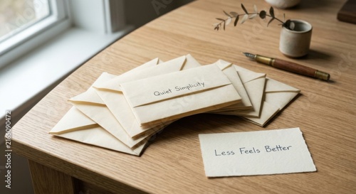 Stack of Cream Envelopes with Handwritten Messages on a Wooden Desk