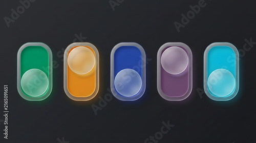 Set of modern glassmorphism toggle switches with ON and OFF positions for dark mode interface