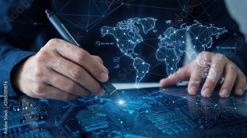 Close up of hand using stylus pen drawing glowing digital world map on tablet surface with circuit board texture, representing global connectivity data synchronization high speed