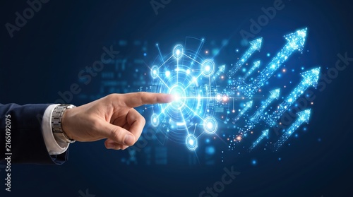 Hand touching glowing digital network interface with rising arrows, illustrating technological innovation, connectivity, data flow, and exponential business growth