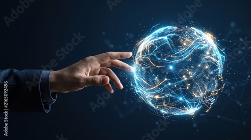 Human hand reaching out to touch a glowing digital earth globe representing global connectivity, internet of things, and future technology networks, abstract blue and gold