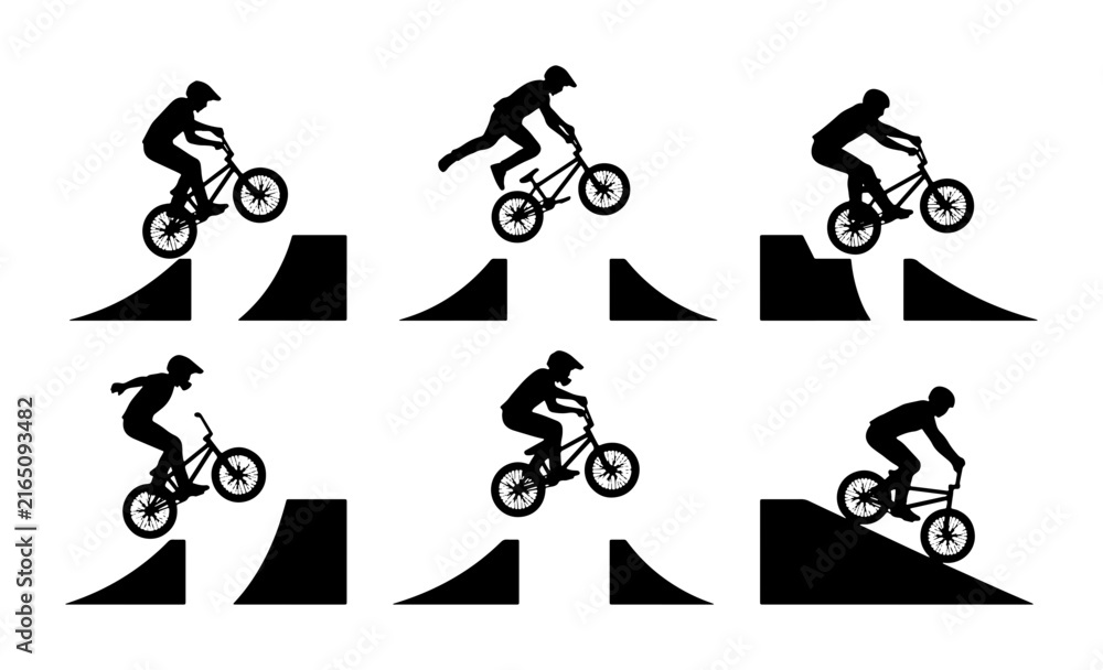 Fototapeta premium BMX Bike Rider Silhouettes, Extreme Sports Action Set, Dynamic Freestyle Jumps Vector