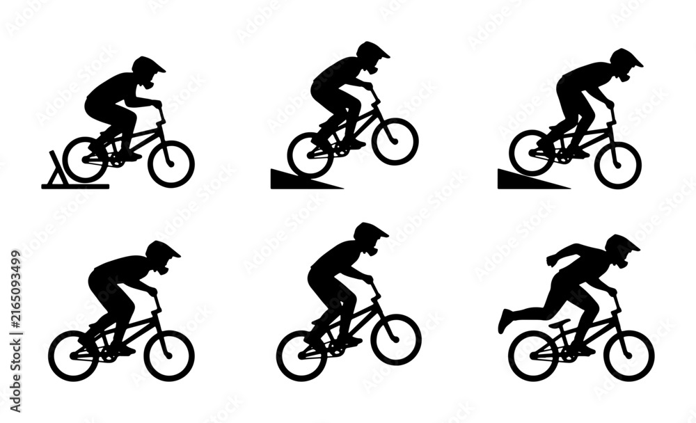 Fototapeta premium BMX Rider Silhouettes, Action Sequence, Extreme Sports Vector Icons, Bicycle Motion Graphics