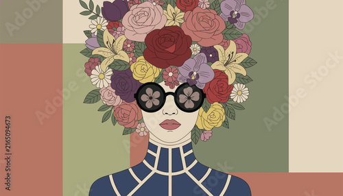 Artistic illustration of a stylish woman with a head full of blooming colorful flowers wearing retro sunglasses with floral patterns.