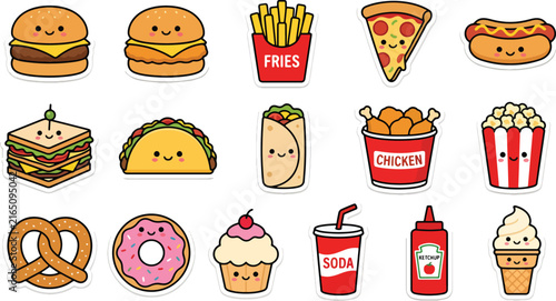 Cute fast food vector illustration featuring assorted delicious snacks and treats
