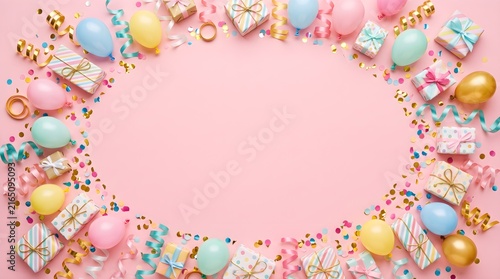 Pink birthday party background frame with colorful balloons gift boxes and confetti birthday balloons confetti