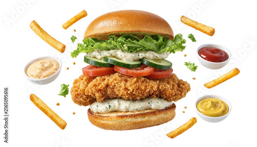 Crispy fried chicken burger with fresh lettuce tomato and french fries with sauces