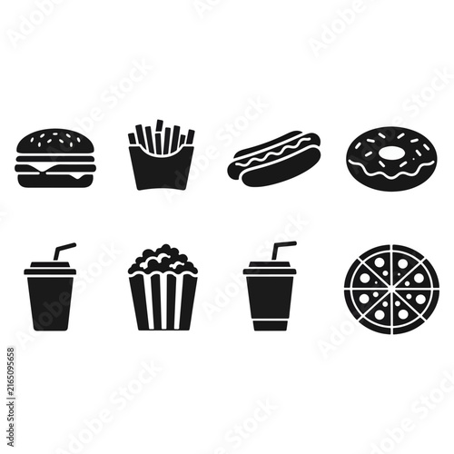 Flat black vector icon set representing delicious fast food meals