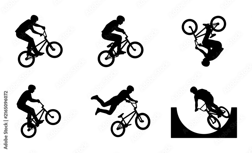 Naklejka premium BMX Rider Silhouettes, Extreme Sports Action, Bicycle Freestyle Tricks, Vector Set