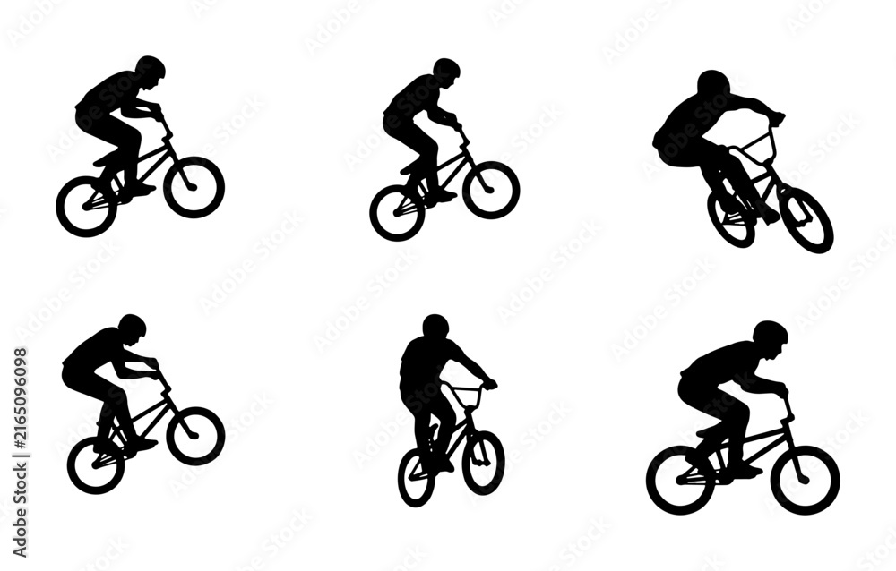 Naklejka premium BMX Rider Silhouettes, Bicycle Action Poses, Extreme Sports Vector Graphics, Dynamic Cycling Movements