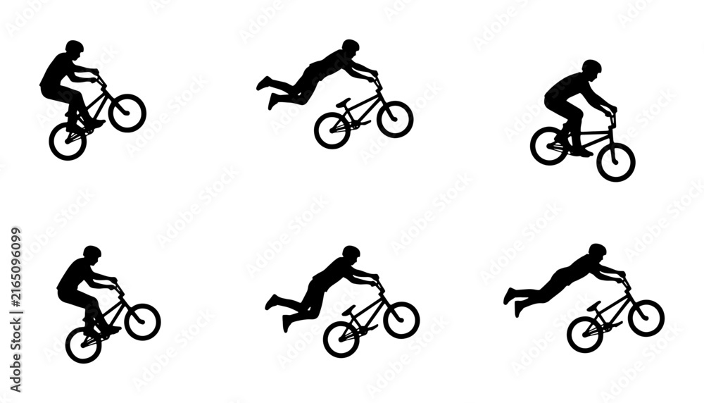 Fototapeta premium BMX Rider Silhouettes, Bicycle Stunt Motion Sequence, Extreme Sports Action Icons