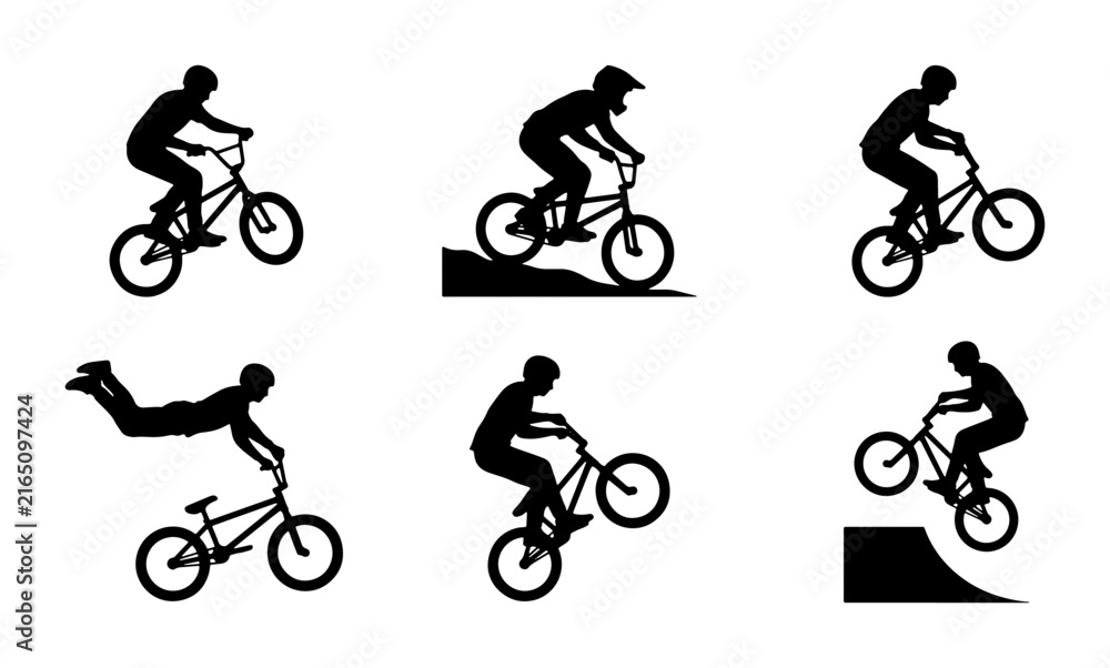 Fototapeta premium BMX Bike Rider Silhouettes, Extreme Sports Action, Bicycle Trick Set, Dynamic Cycling Poses