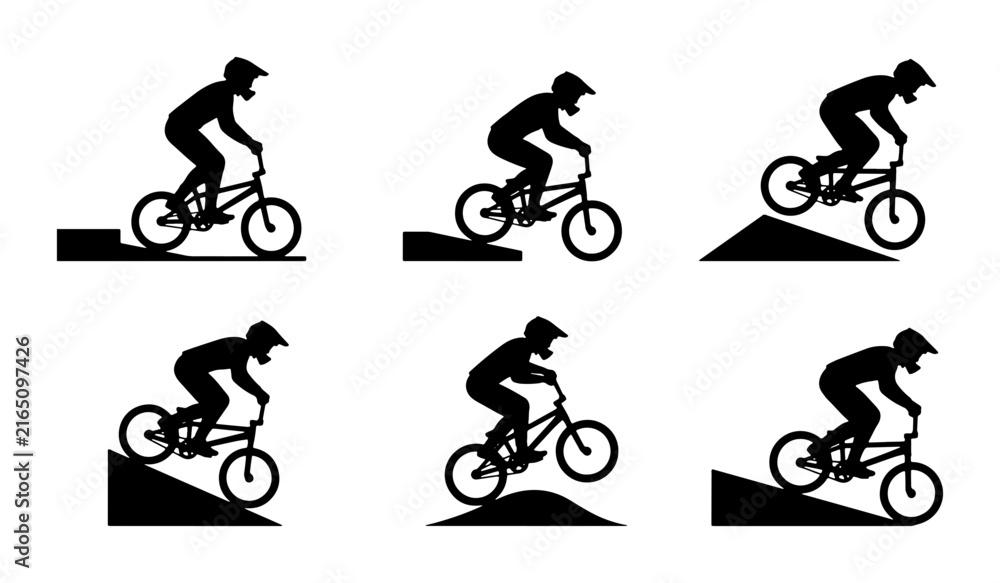 Fototapeta premium BMX Rider Silhouettes, Extreme Sports Action, Bicycle Stunts, Vector Icons Set