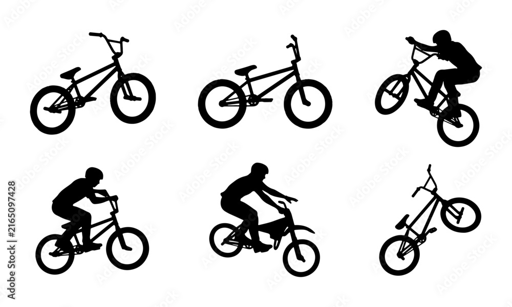 Fototapeta premium BMX Bicycle Silhouettes, Action Sports Rider Poses, Extreme Cycling Vector Set
