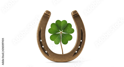Lucky Four Leaf Clover Inside Horseshoe on White Background for Good Luck and Prosperity