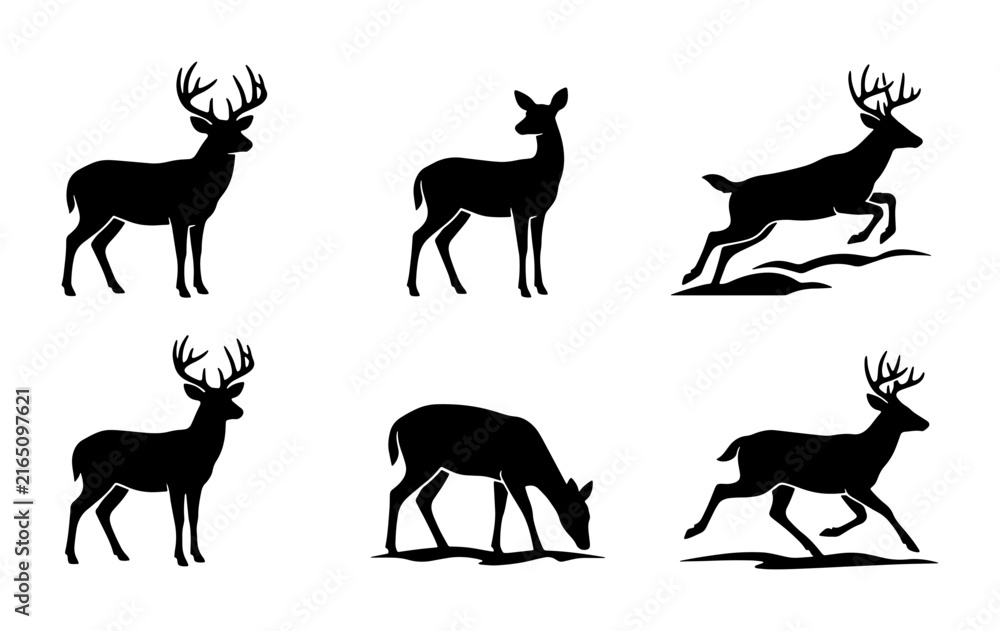 Fototapeta premium Deer Silhouettes Set: Majestic Wildlife Vector Icons, Forest Animals, Hunting Graphics