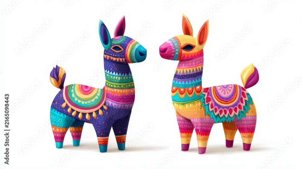 Obraz premium Cute cartoon donkey and llama pi atas in bright rainbow colors, traditional Mexican party toys, festive vector set on white background